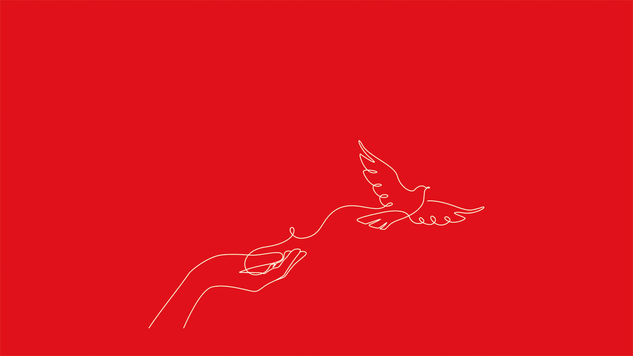 Linienzeichnung, bei der eine Taube von einer Hand wegfliegt