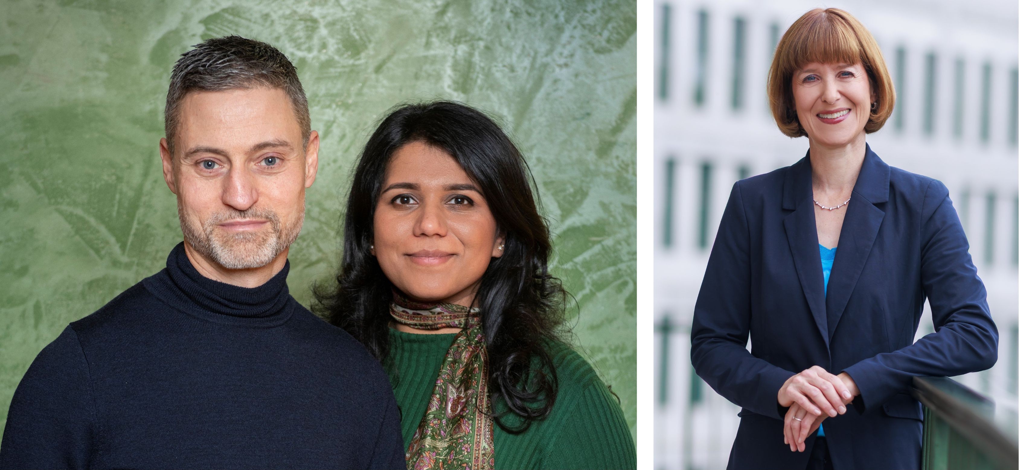Fotocollage: Porträt Meron Mendel und Saba-Nur Cheemagemeinsam vor neutralem grünen Hintergrund und Heike Hofmann mit vor dem Körper gekreuzten Händen vor einer Hochhaus-Fassade