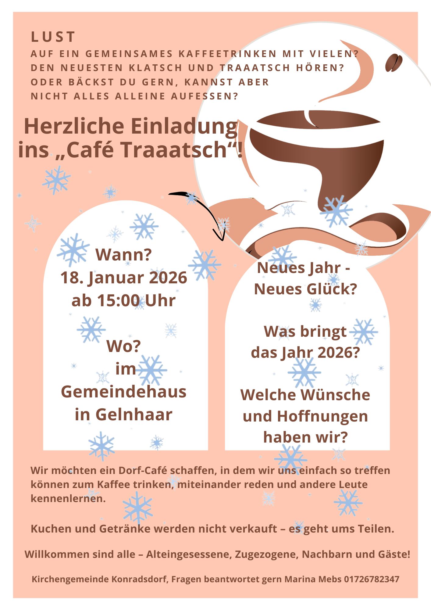 Einladung zum Café Traaatsch ins Gemeindehaus in Gelnhaar