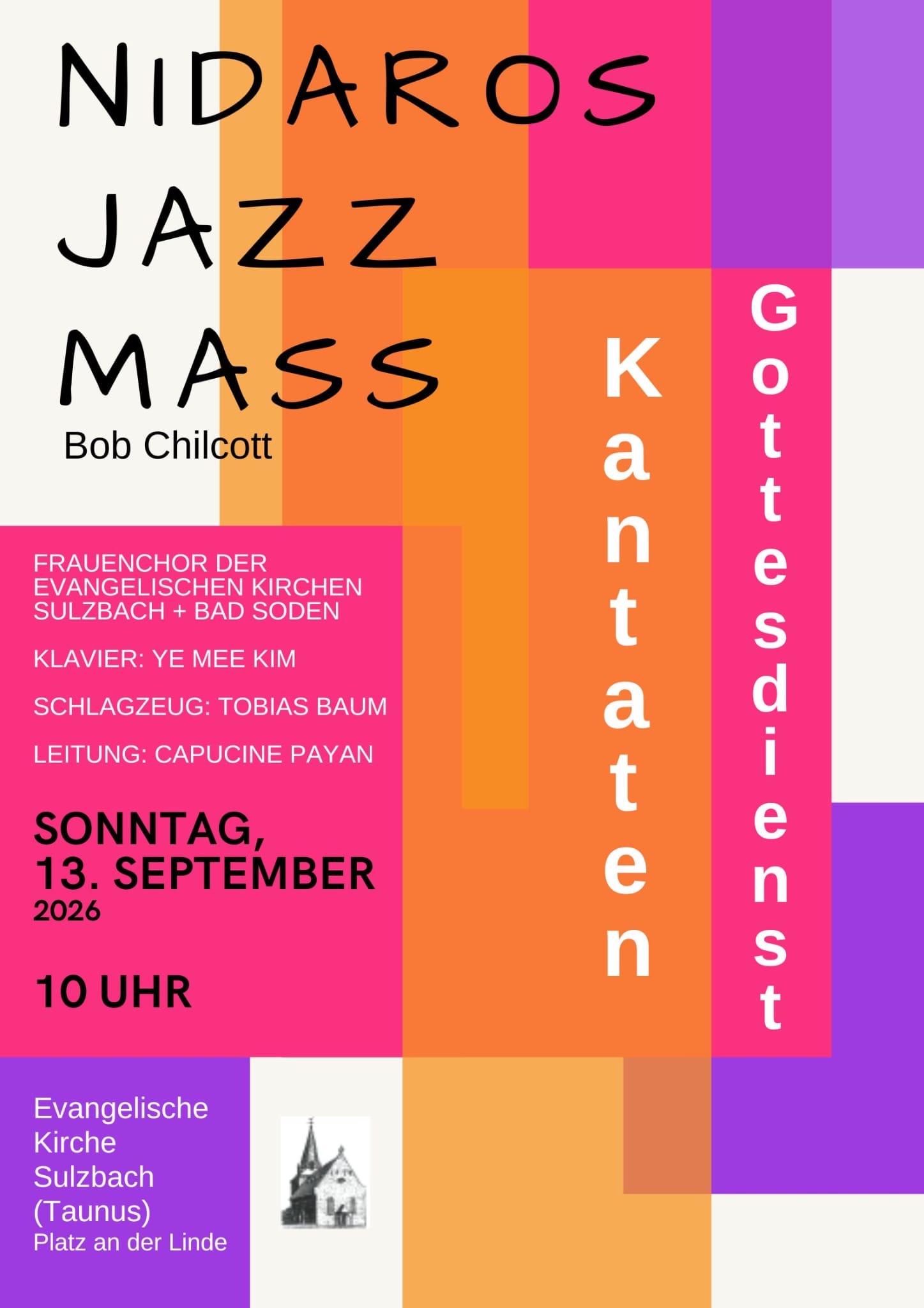 Es zeigt ein Plakat, das die Aufführung der Nidaros Jazz Mass am 13. September um 10 Uhr während des Gottesdiensts in der Ev. Kirche in Sulzbach (Taunus) ankündigt. 