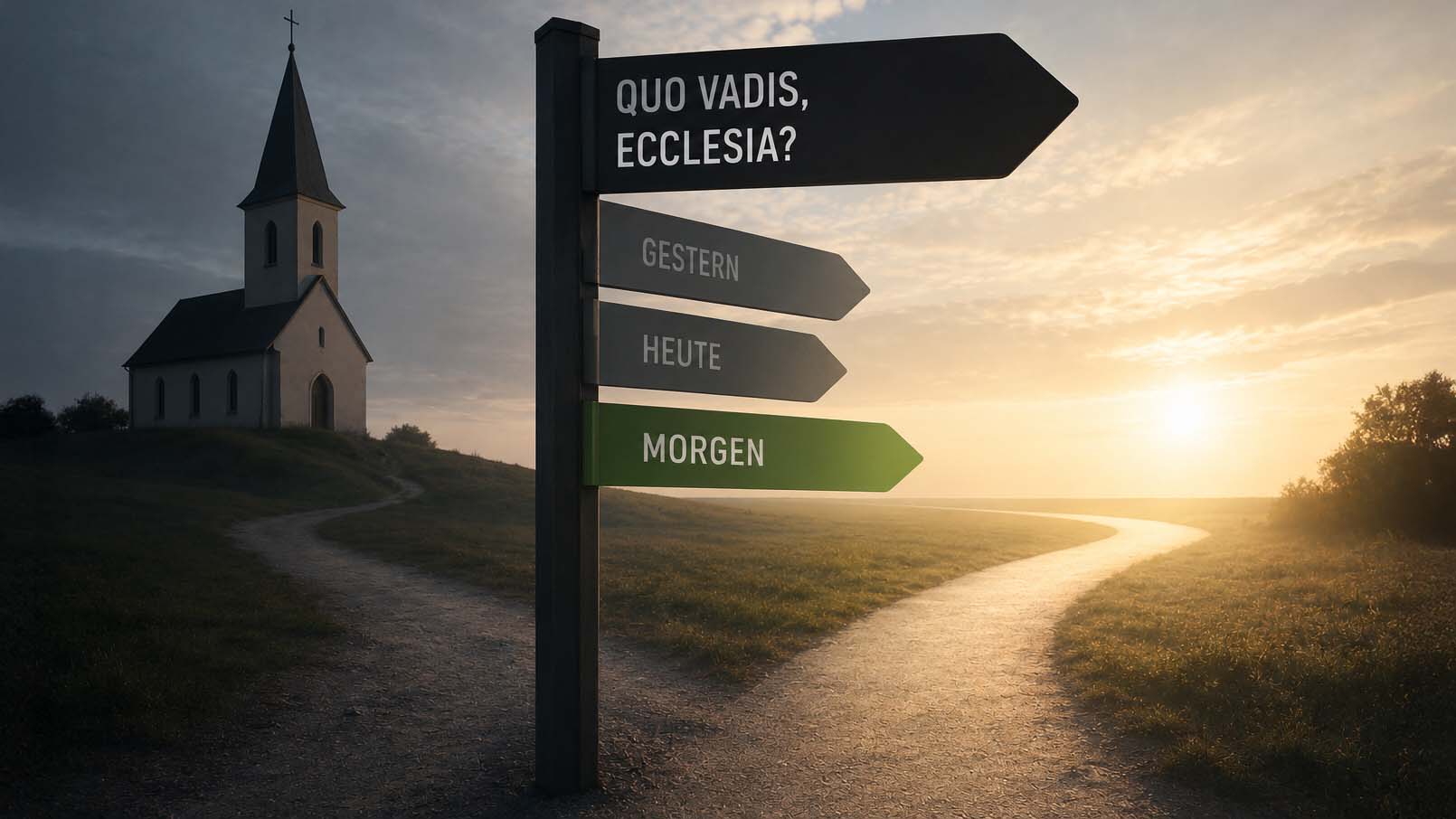 Wegweiser vor einer Kirche mit der Frage „Quo vadis, Ecclesia?“ und den Richtungen „Gestern“, „Heute“ und dem grün markierten „Morgen“.