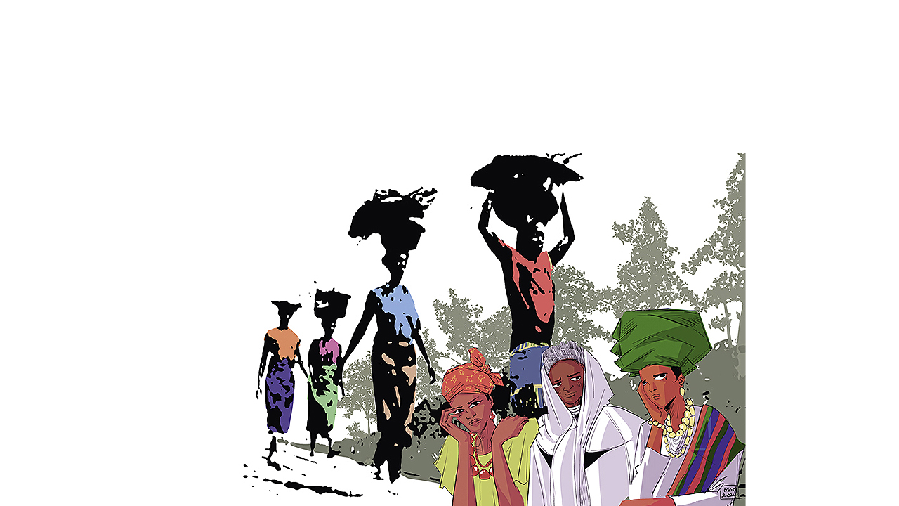 Weltgebetstag Im Hintergrund trage afrikanische Frauen Lasten auf dem Kopf, davor sitzen welche in bunten Gewändern und unterhalten sich