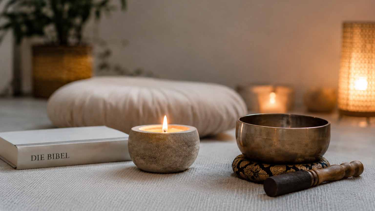 Meditationsszene mit brennender Kerze, Klangschale mit Holzklöppel und einer Bibel auf einer hellen Unterlage.