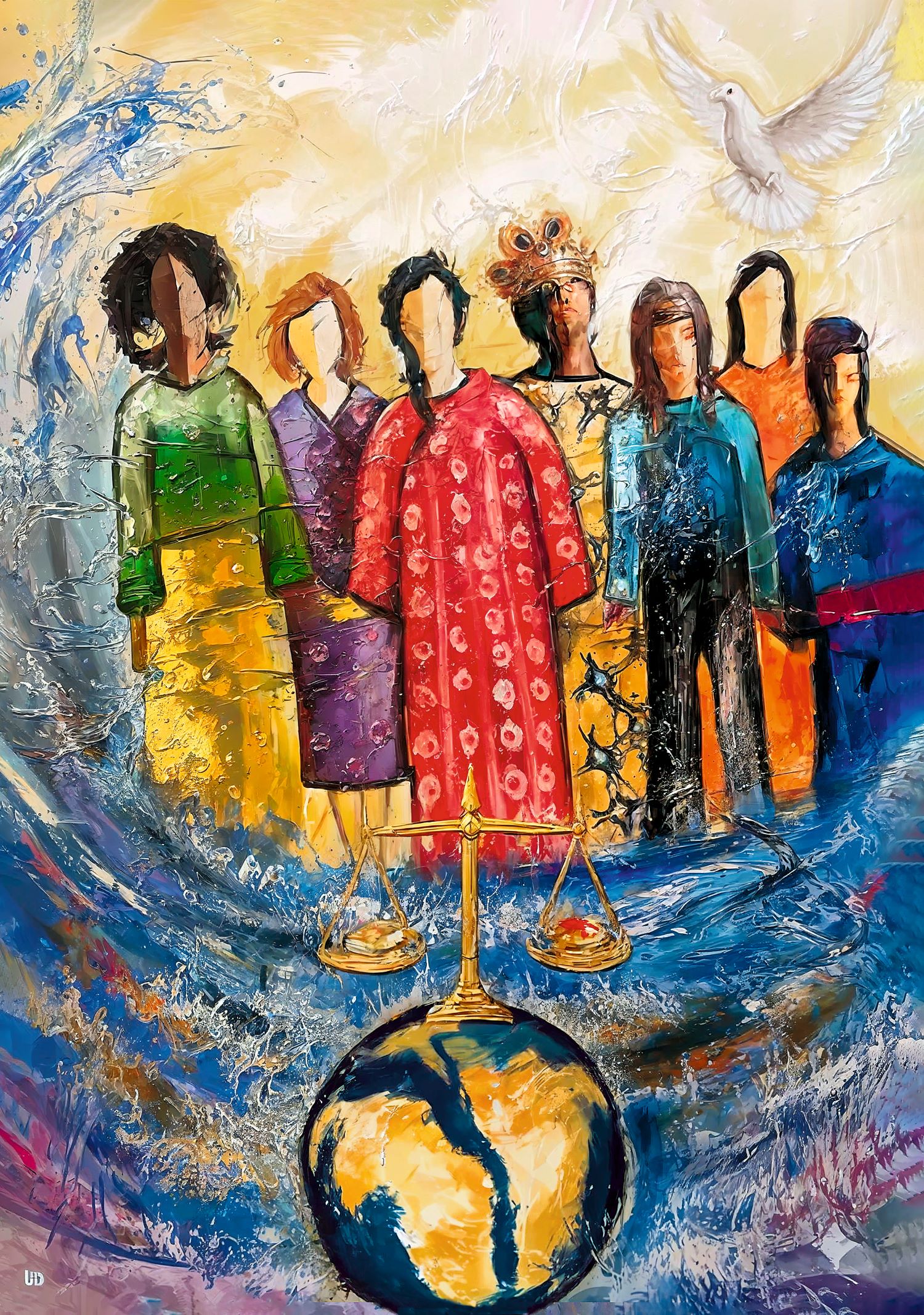 Abstrakt-expressives Gemälde mit sieben Frauen in farbenfrohen Gewändern. Im Zentrum steht eine gekrönte Frau in einem roten Kleid. Vor der Gruppe befindet sich eine goldene Waage auf einer Weltkugel. Die Frauen sind von bewegten blauen Wellen umgeben, darüber fliegt eine weiße Taube vor hellem, gelblich leuchtendem Hintergrund.
