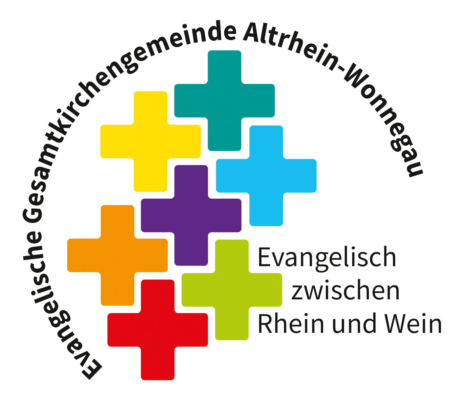 Das Logo zeigt sieben farbige Kreuz-Symbole, die kreisförmig angeordnet sind und eine Gemeinschaft oder Vielfalt symbolisieren. Um den Kreis herum steht der Text "Evangelische Gesamtkirchengemeinde Altrhein-Wonnegau". Im Inneren des Kreises steht "Evangelisch zwischen Rhein und Wein". Die Farben der Kreuze sind Rot, Orange, Gelb, Grün, Blau, Violett und Türkis.