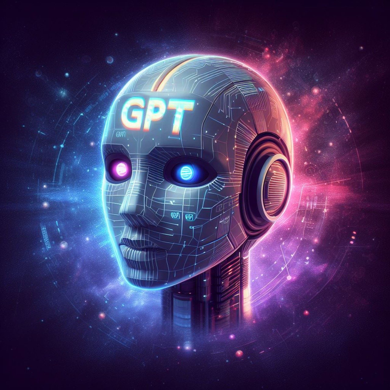Das Bild zeigt einen futuristischen Roboter-Kopf mit dem leuchtenden Schriftzug "GPT". Die Augen leuchten in verschiedenen Farben (rosa und blau), und der Kopf selbst scheint aus einer Art Metall gefertigt zu sein, das von Schaltkreisen durchzogen ist. Im Hintergrund sind galaxieartige Farbverläufe und leuchtende Punkte zu sehen, was eine Sci-Fi- oder Weltraum-Atmosphäre erzeugt.