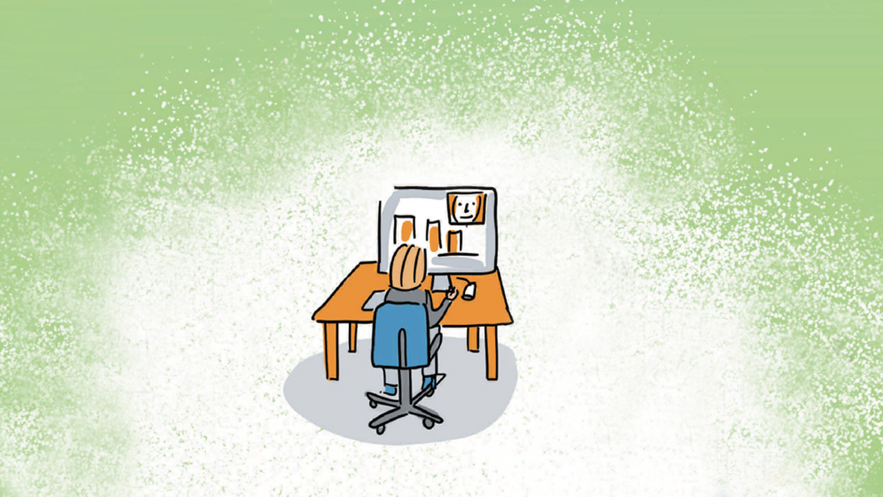 Klimabilanz Grafik einer Frau, die am PC sitzt und ein Diagramm auf dem Monitor sieht