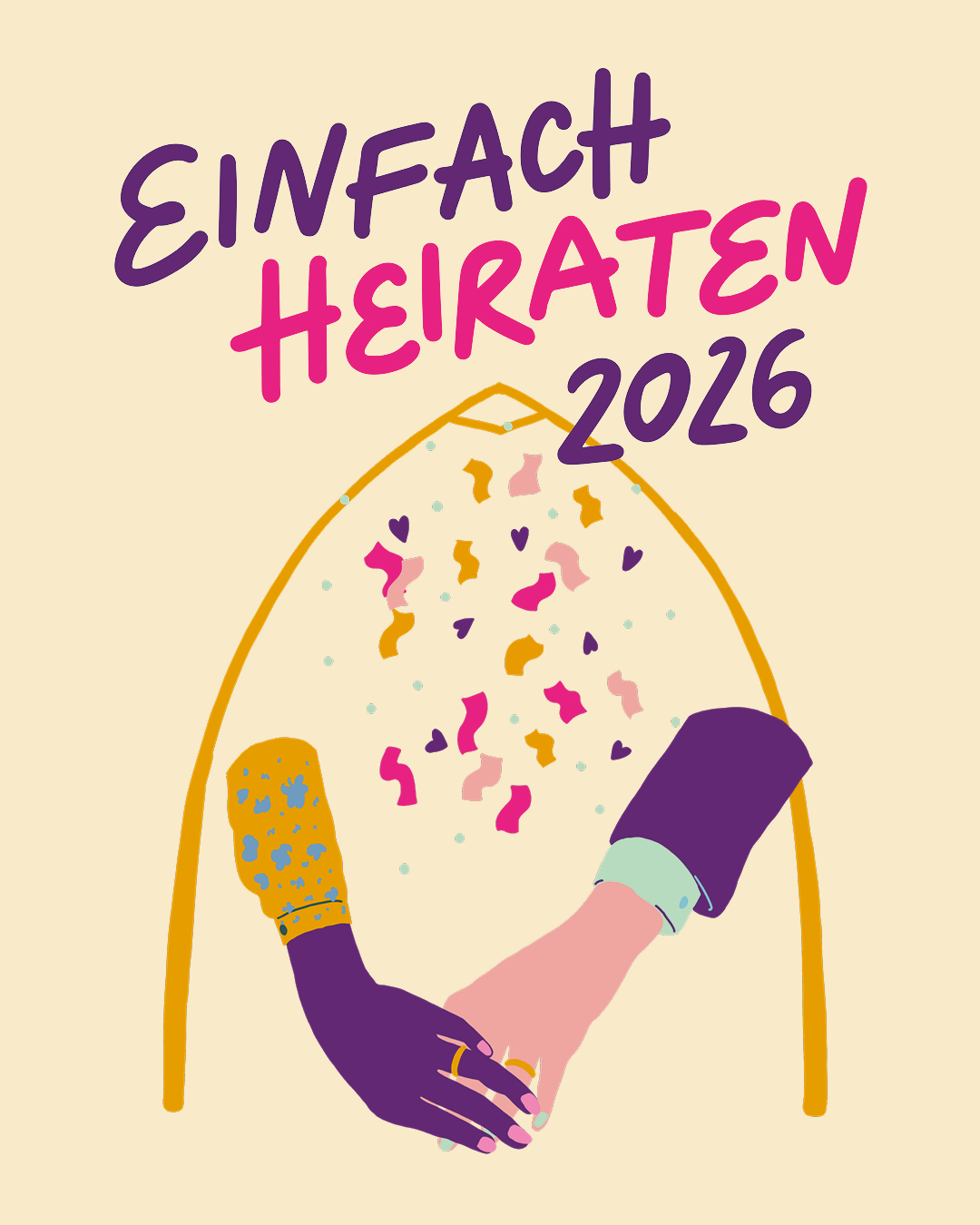 Einfach heiraten 2026. Das gemalte Bild zeigt zwei Hände, die sich fassen. 