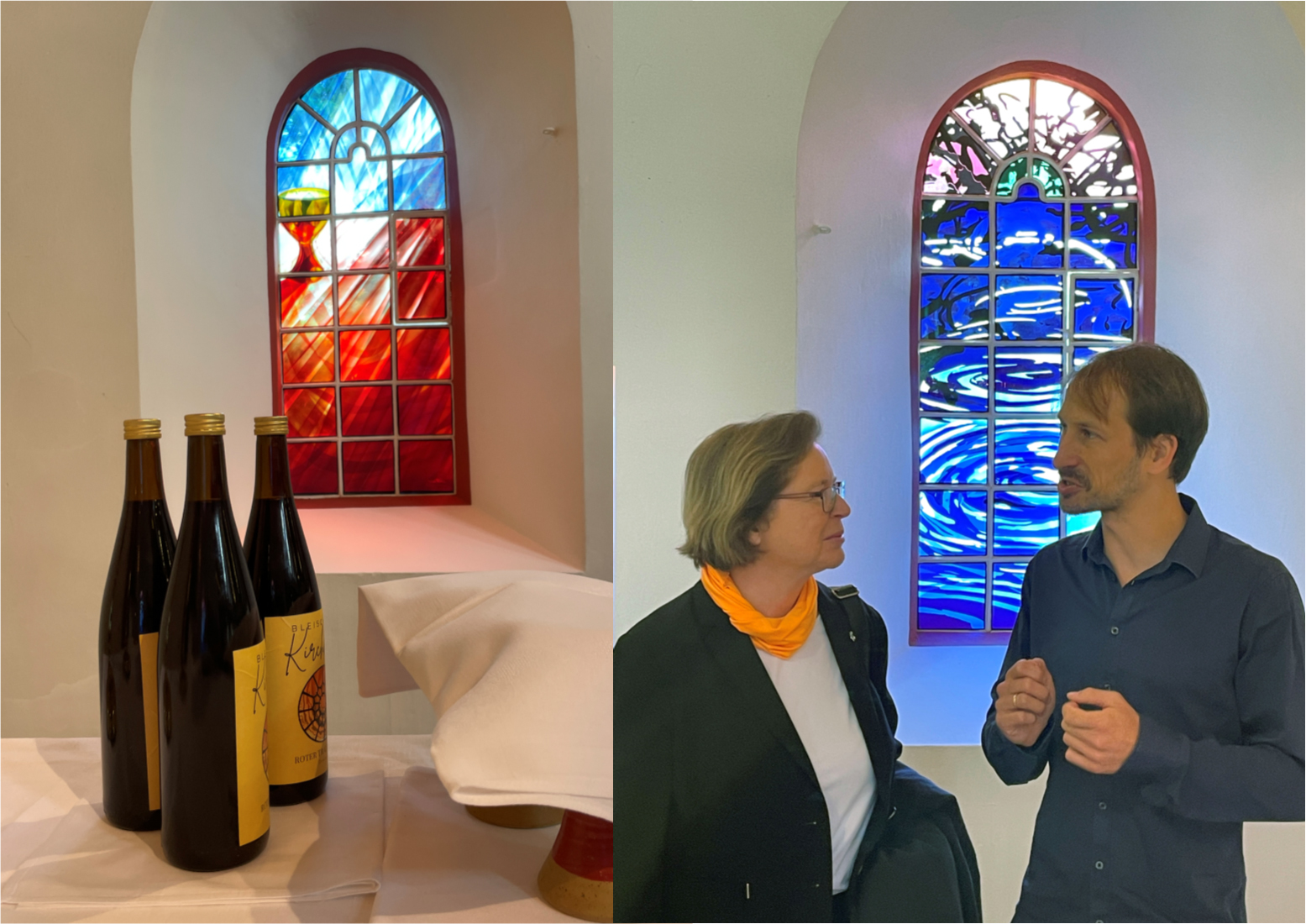Die beiden Kirchenfenster Abendmahl und Taufe, mit stv. Kirchenpräsidentin Ulrike Scherf und Künstler ünstler Julian Plodek