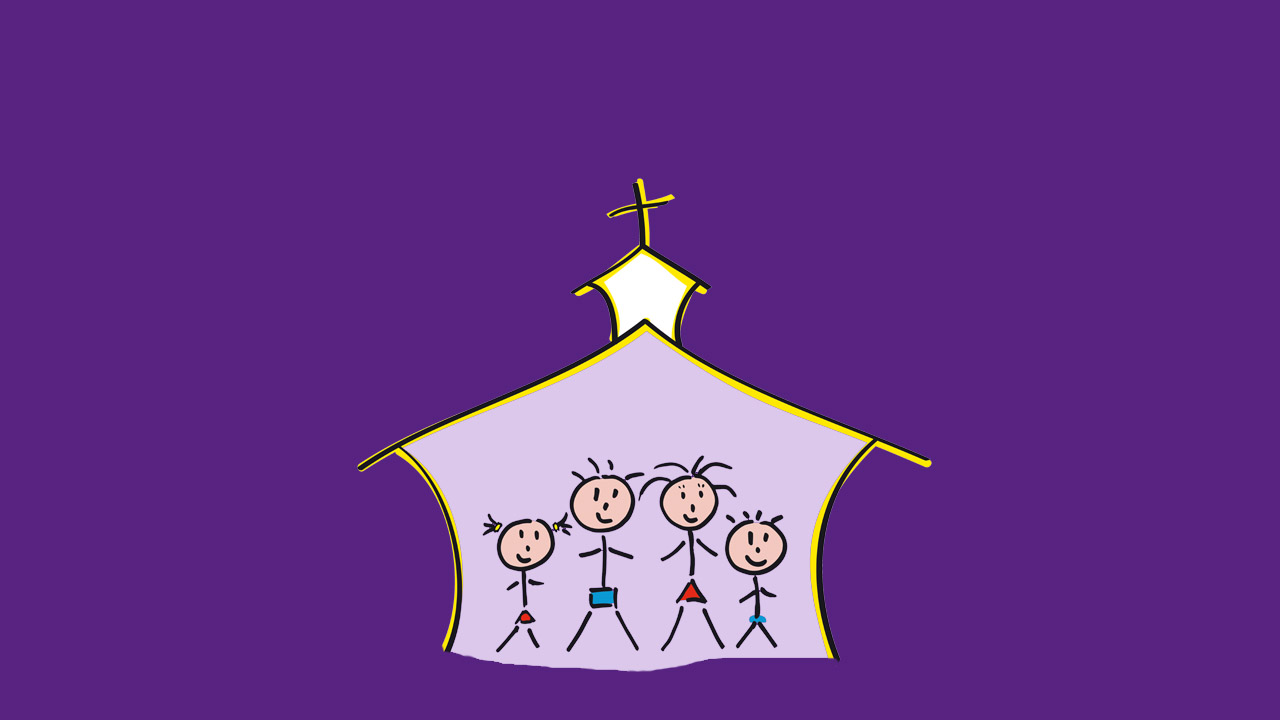Familiengottesdienst Gezeichnete Kirche mit Familienmitgliedern in Strichmännchenform
