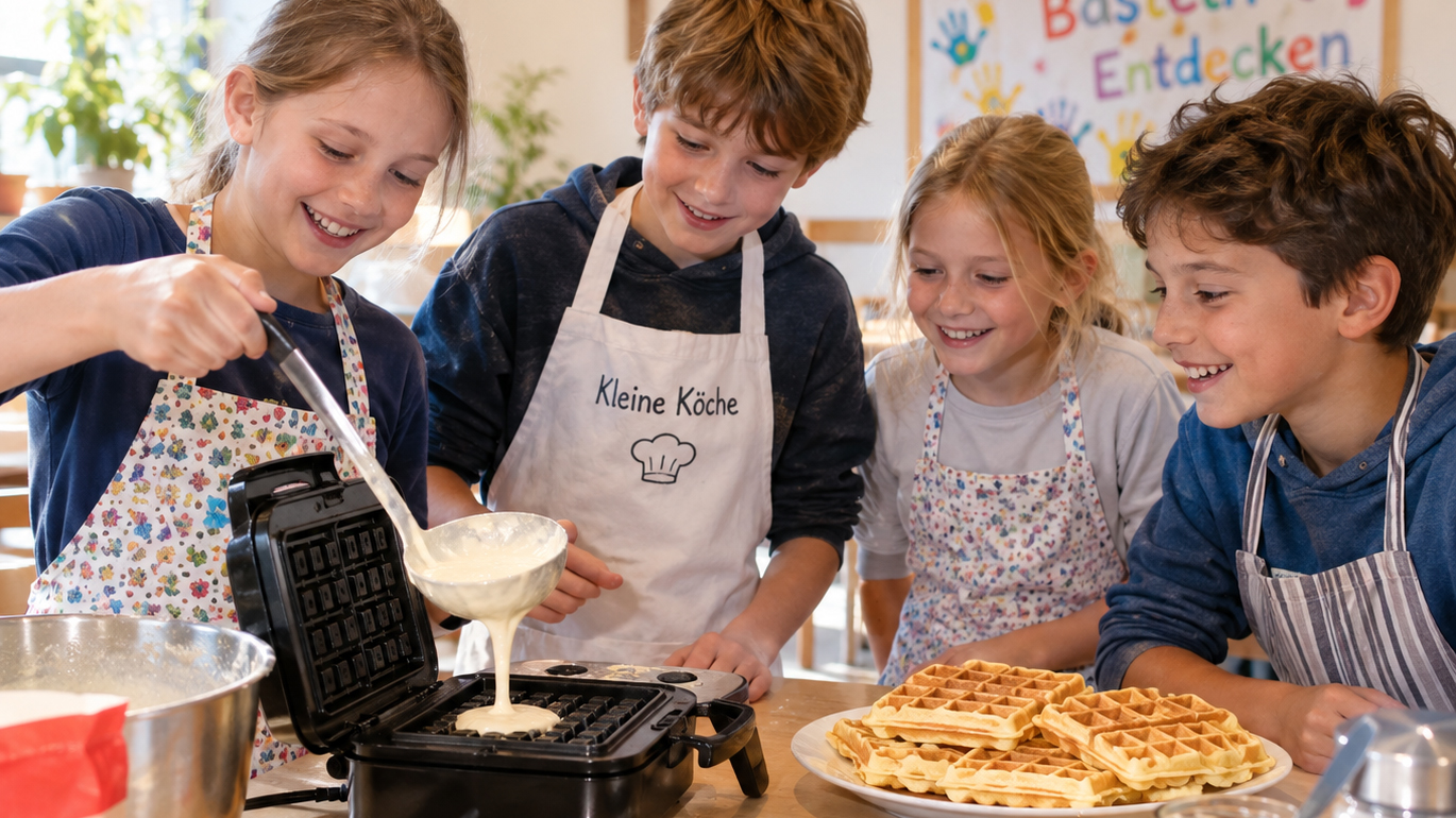 Vier Kinder backen gemeinsam Waffeln. Ein Mädchen gießt Teig in ein Waffeleisen, während die anderen zusehen.