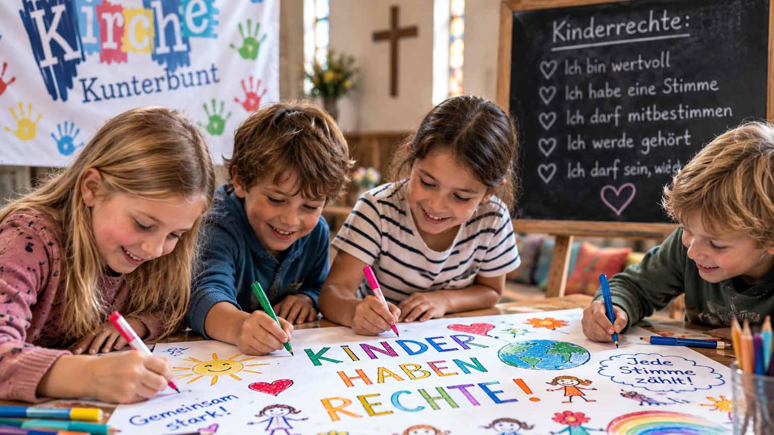 Weltkindertag_Symbolbild_C_KI_ChatGPT-Image_16zu9.jpg Vier Kinder gestalten gemeinsam ein Plakat mit der Aufschrift „Kinder haben Rechte!“; im Hintergrund steht eine Tafel mit Kinderrechten.