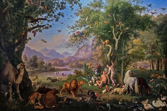 Das Gemälde von Johann Wenzel Peter (1745–1829) zeigt das Paradies, wie es in der Bibel beschrieben wird mit Adam und Eva, Tieren und Pflanzen
