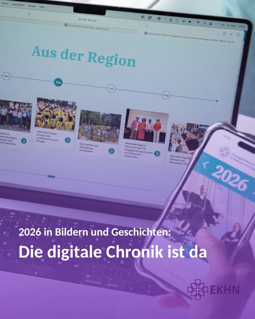 Digitale Chronik EKHN 2026 Ansicht der digitalen EKHN Chronik 2026 auf einem PC Bildschirm und einem Handybildschirm
