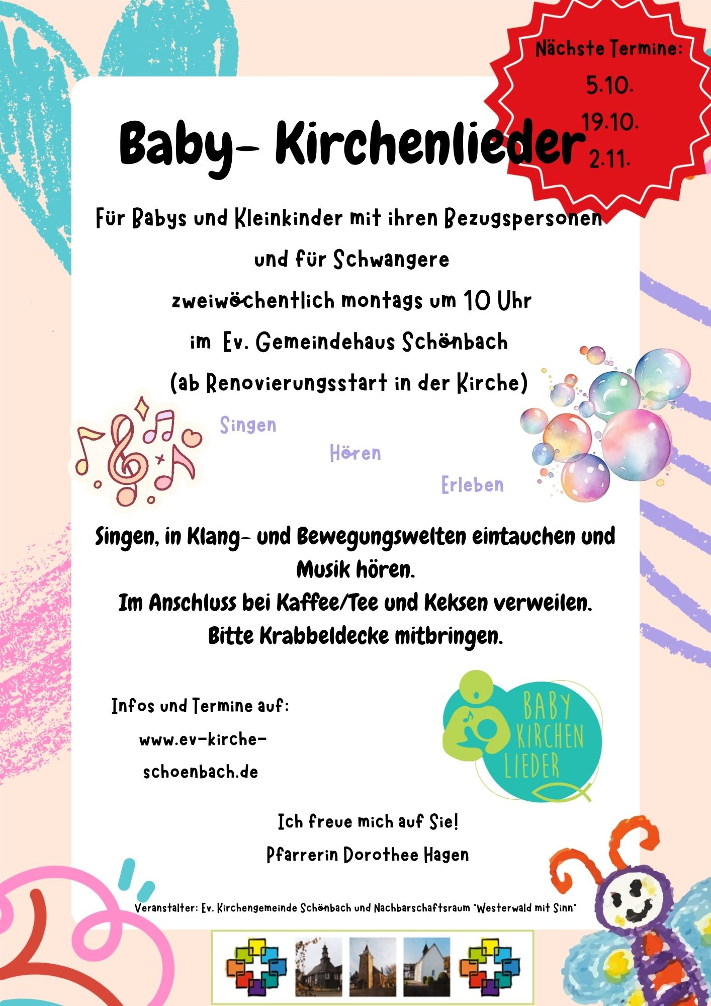 Baby-Kirchenlieder Plakat mit Noten, Seifenblasen und gemalten Elementen