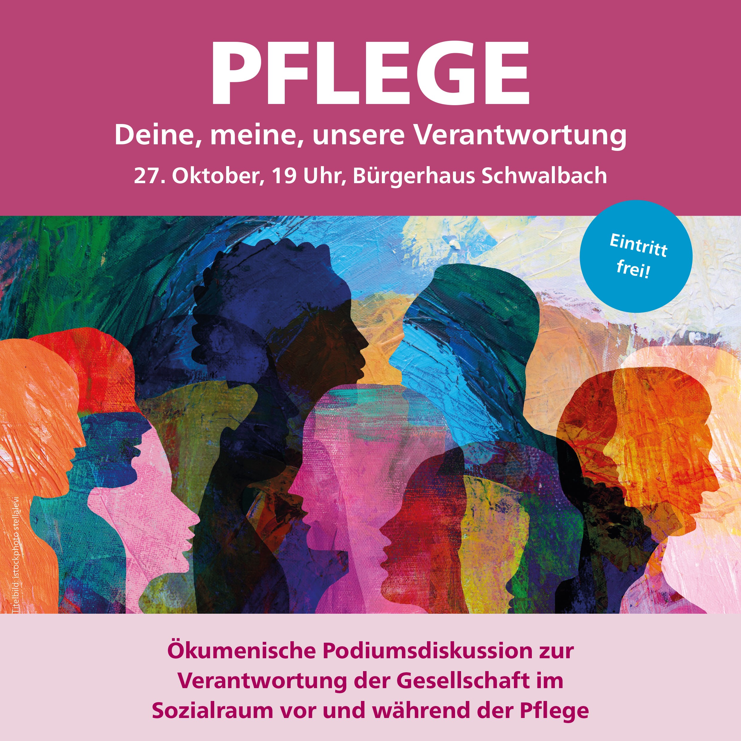 Illustration einer Gruppe von verschiedenen Menschen, die reden, plaudern, sich verbinden. In bunten Farben gestaltet.