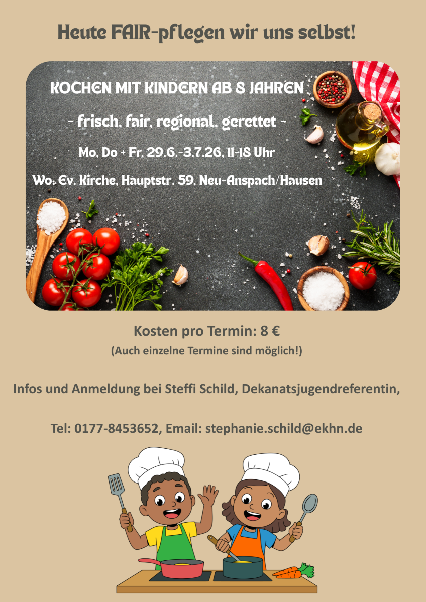 Plakat für den Kochkurs „FAIR-pflegen wir uns selbst!“ – Kochen mit Kindern ab 6 Jahren. Das Plakat zeigt zwei lächelnde Kinder in Kochjacken und -mützen, die freudig in Töpfen rühren. Im Hintergrund liegen frische Karotten. Titel „Heute FAIR-pflegen wir uns selbst!“, „KOCHEN MIT KINDERN AB 6 JAHREN – frisch, fair, regional, gerettet“.