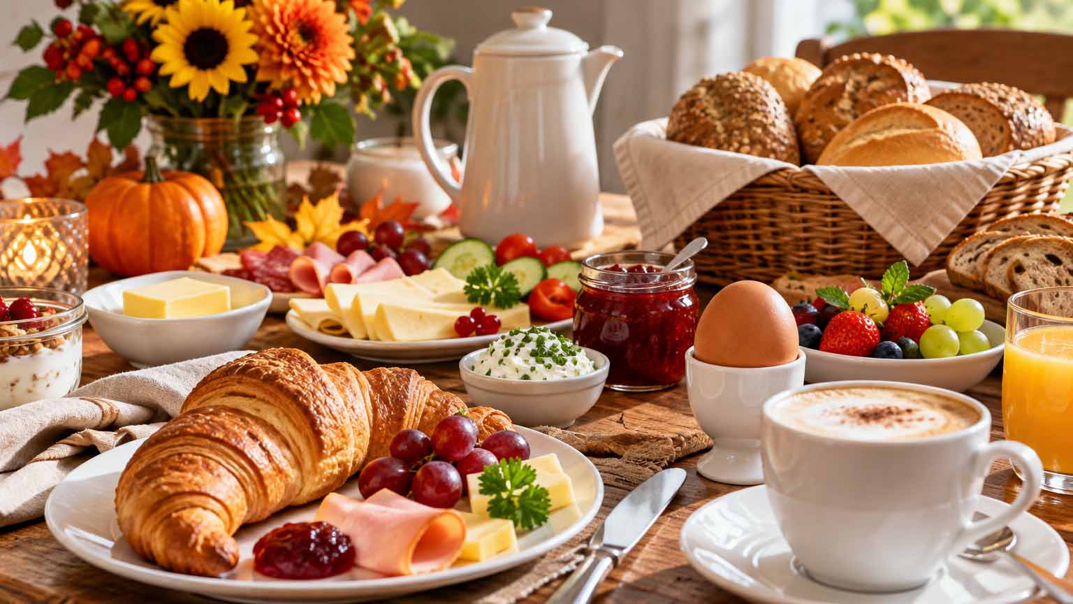 **Alternativtext:**   Herbstlich gedeckter Frühstückstisch mit Brötchen, Croissants, Käse, Aufschnitt, Obst, Marmelade, Ei, Kaffee und Orangensaft.