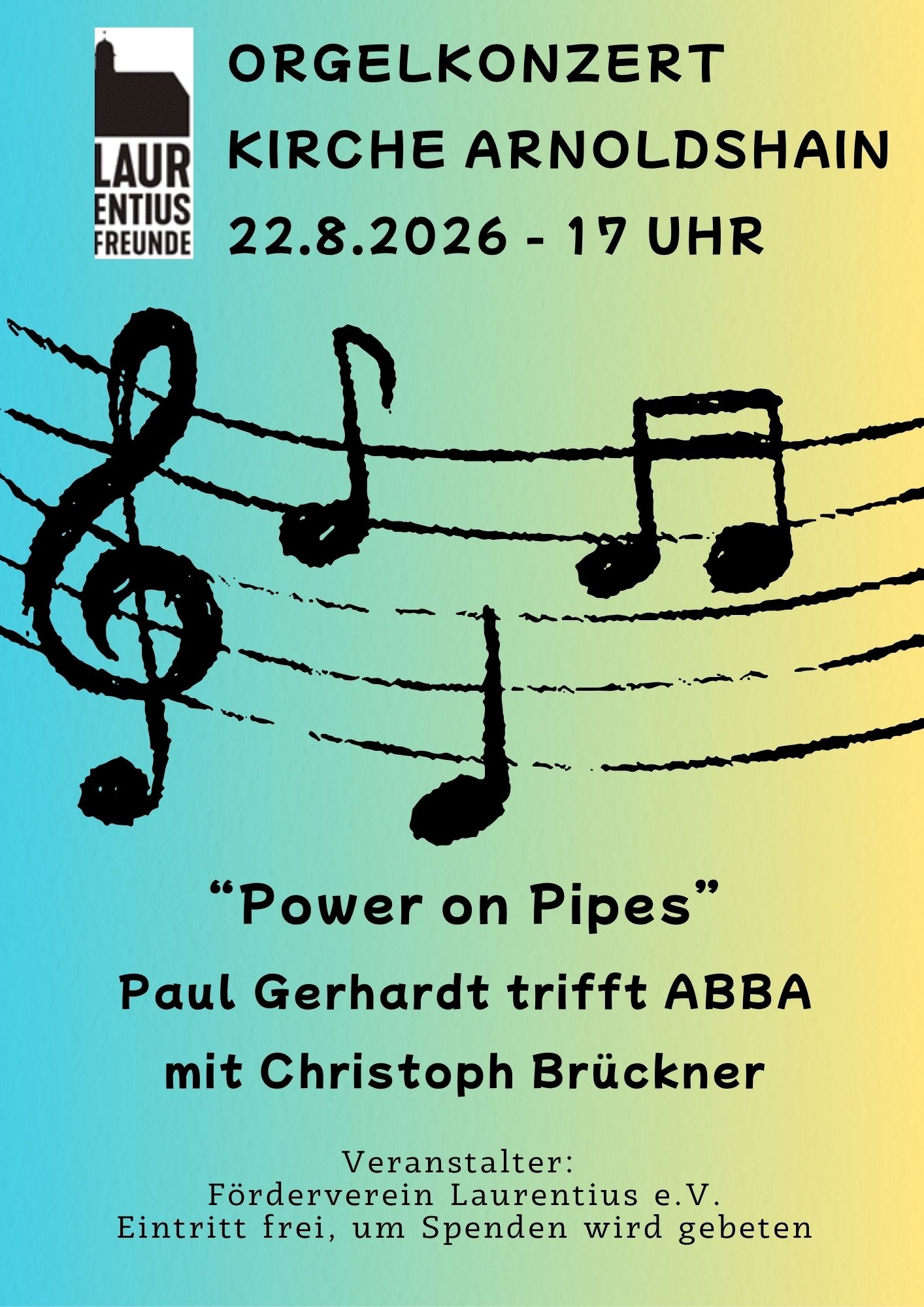 Plakat mit den Daten zum Orgelkonzert "Power on Pipes" 
