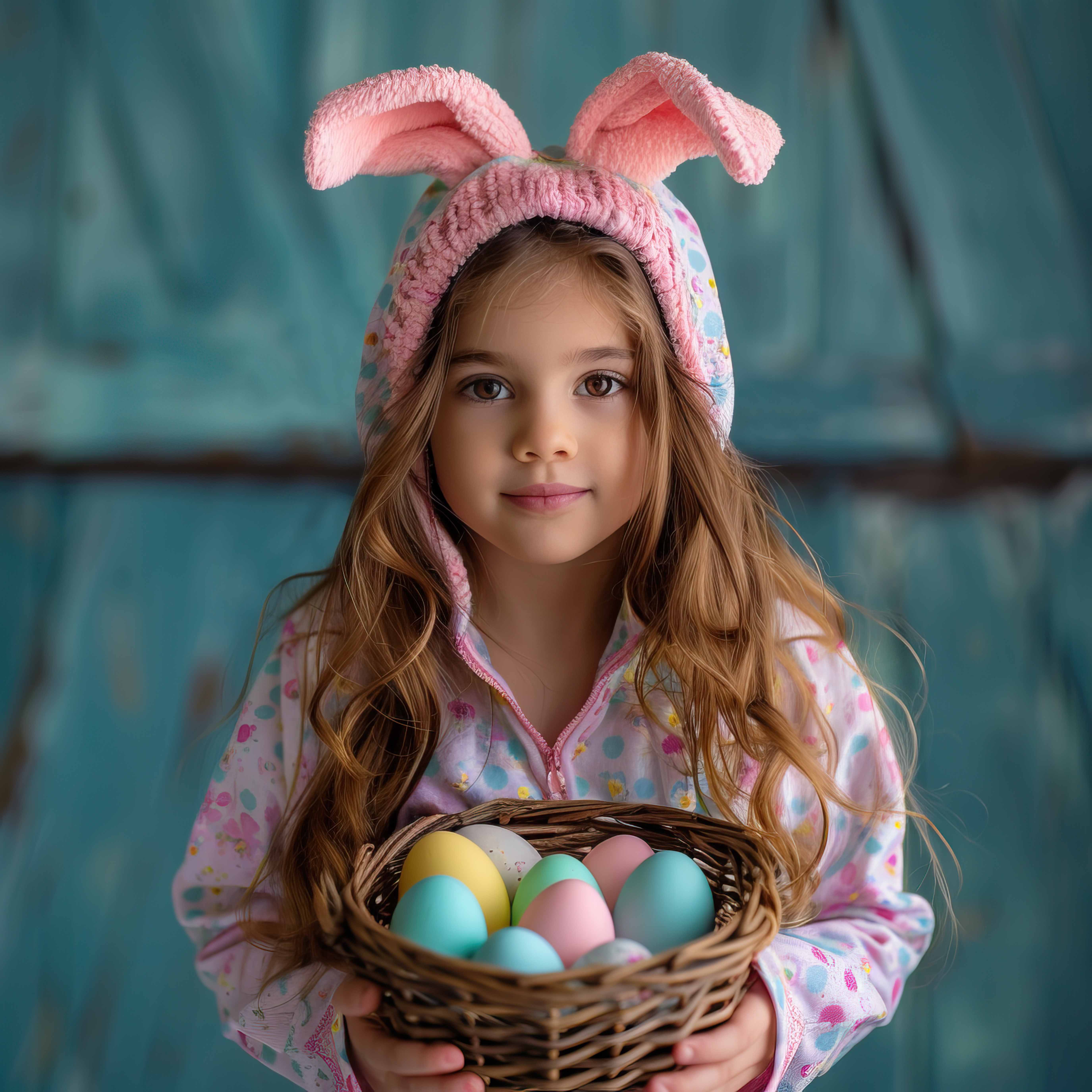 Mädchen im Osterhasenkostüm mit Korb voller bunter Eier