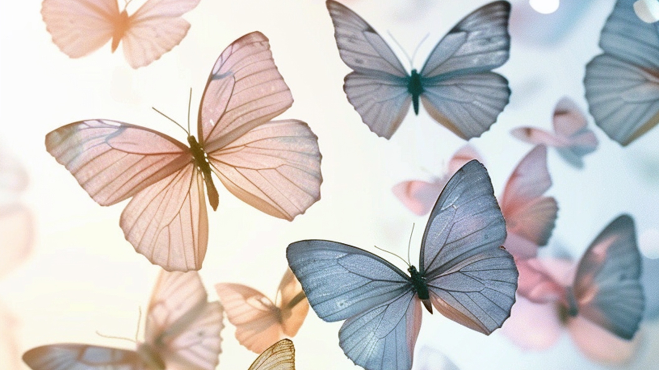 Zarte, pastellfarbige Schmetterlinge flattern vor einem hellen Hintergrund. Hintergrund ist Sonnenlicht, das von links einfällt. 