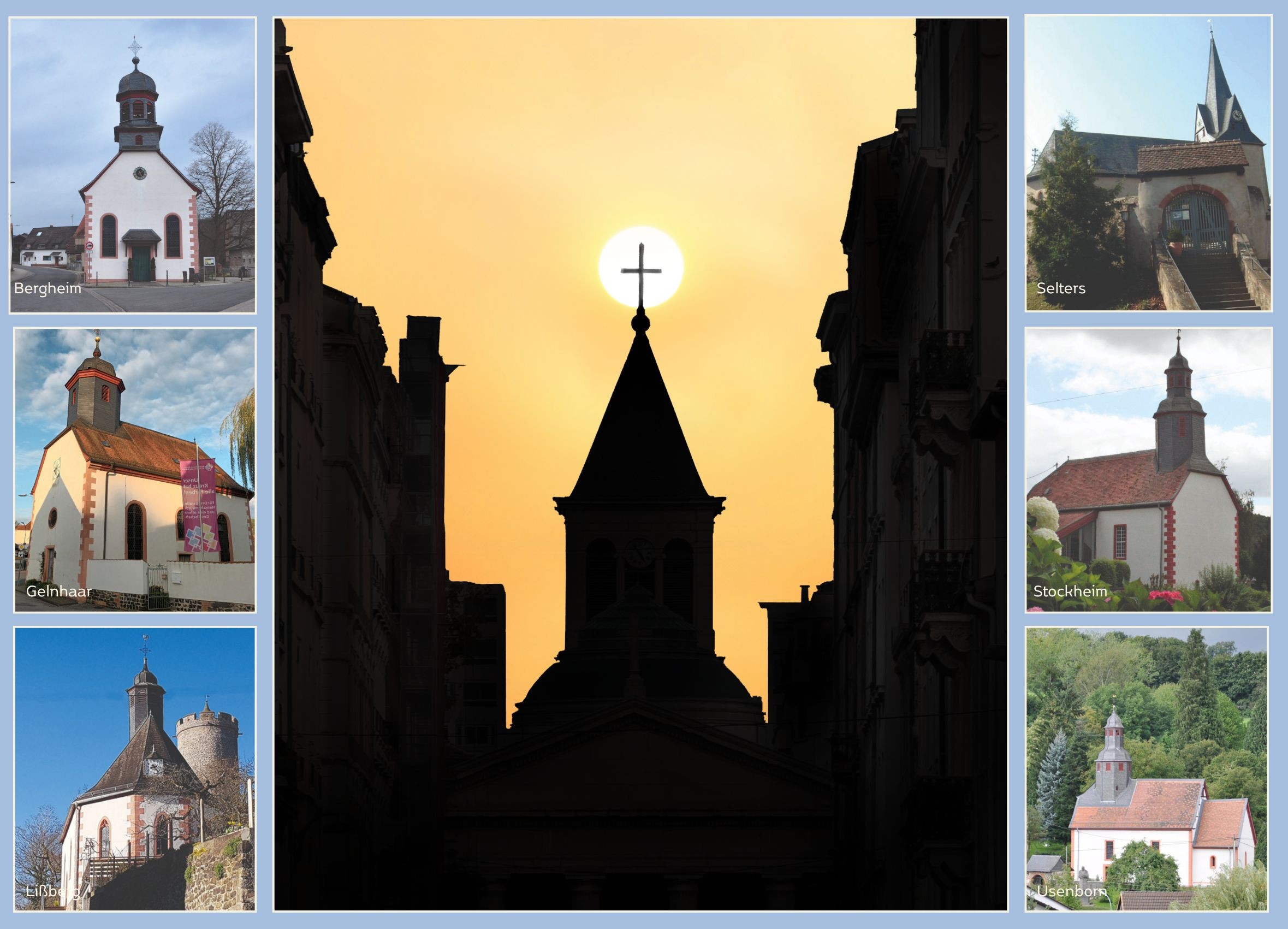 In der Bildmitte eine Grafik: Die Silhouette eines Kirchturms mit Kreuz, flankiert von hohen Gebäuden vor einem orangefarbenen Abendhimmel. Links und rechts von dieser Grafik jeweils drei Fotos von Kirchen, die an der Nacht der Kirchen in Konradsdorf teilnehmen. 