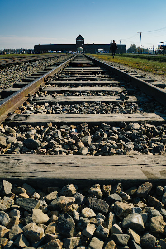 Bahngleise, welche zum Bahnhof von Auschwitz-Birkenau führen.