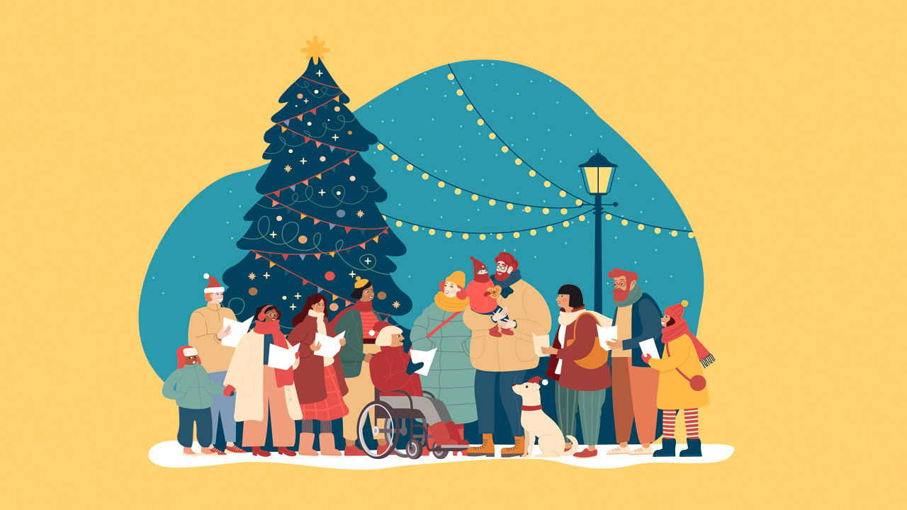 Grafik mit einer singenden Menschengruppe vor einem Weihnachtsbaum