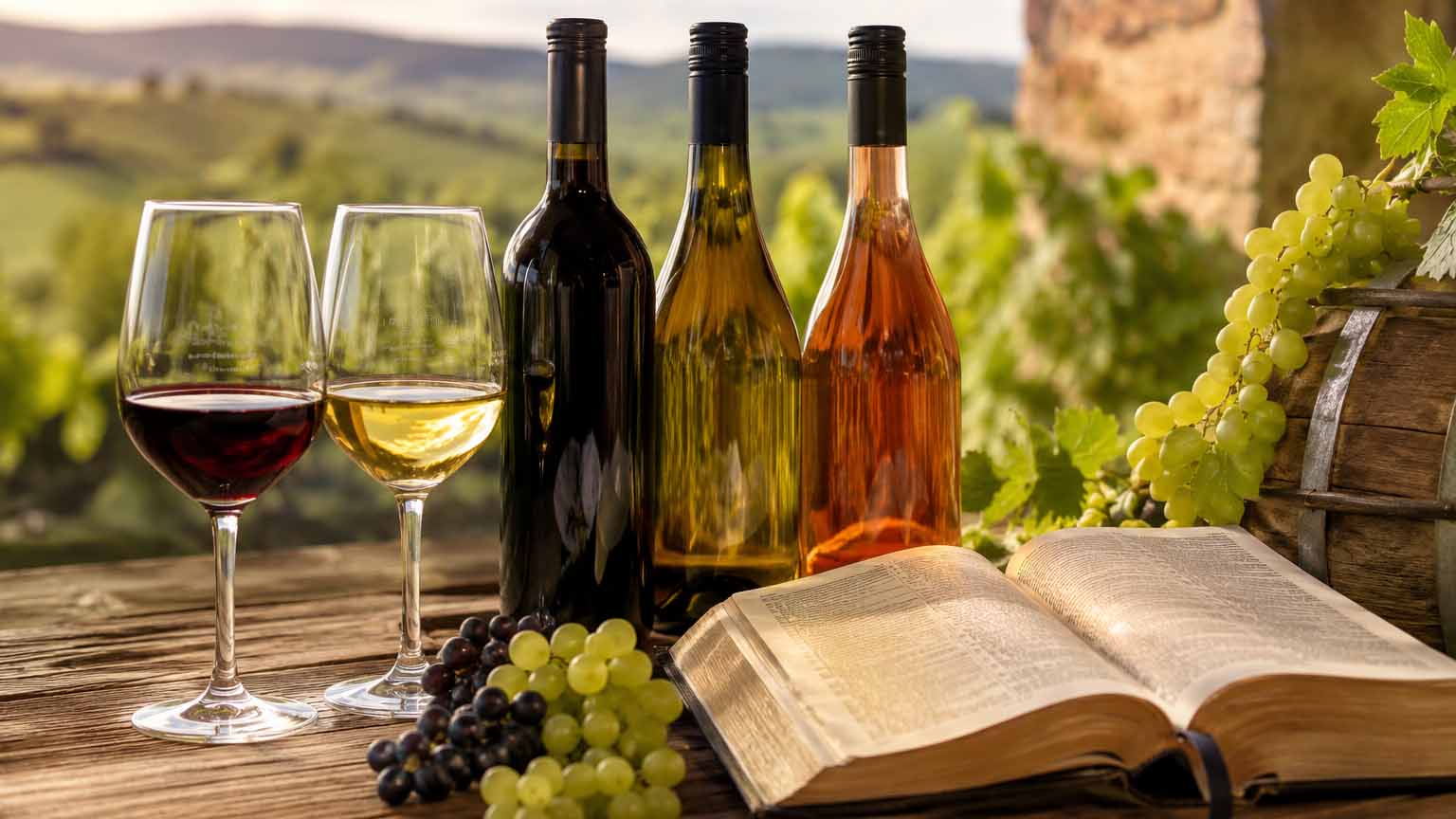 Biblische_Weinprobe_C_KI_ChatGPT_Image_16zu9.jpg Drei Weinflaschen sowie je ein Glas Rot- und Weißwein stehen mit Trauben und einem aufgeschlagenen Buch auf einem Holztisch vor einem Weinberg.
