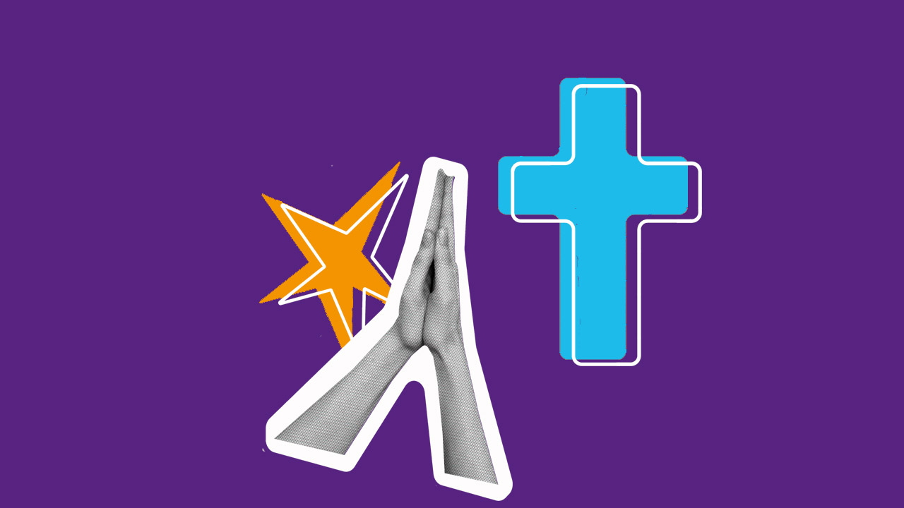 Grafik mit betenden Händen, Stern und Kreuz