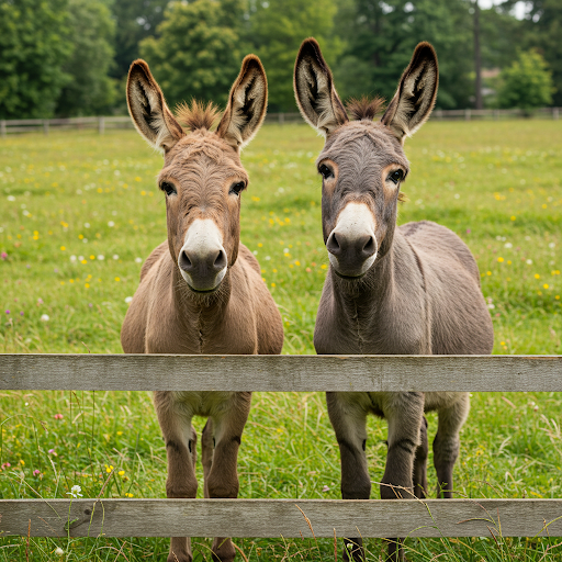 Hier ist eine einfache Beschreibung des Bildes:  Zwei Esel stehen hinter einem Holzzaun auf einer grünen Wiese. Der Esel links ist hellbraun, während der Esel rechts eine graue Farbe hat. Beide Esel haben große Ohren und schauen direkt in die Kamera.