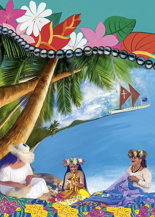 Titelbild des Weltgebetstags der Frauen 2025. Das Bild zeigt eine Collage oder Illustration, die eine tropische Szene darstellt. Im Vordergrund befinden sich drei Frauen, die traditionelle hawaiianische Kleidung tragen und mit Blumenschmuck verziert sind. Sie sitzen am Strand und scheinen Handarbeiten zu verrichten. Im Hintergrund sind Palmen, tropische Pflanzen und ein Blick auf das Meer zu sehen. Auf dem Meer fährt ein Segelboot mit weißen Segeln. Der obere Rand des Bildes ist mit einer Kette aus Blumen und Perlen verziert, was dem Bild eine dekorative Note verleiht. Die Farbpalette ist lebendig und umfasst leuchtende Farben wie Grün, Blau, Rot und Weiß, was dem Bild eine fröhliche und einladende Atmosphäre verleiht.