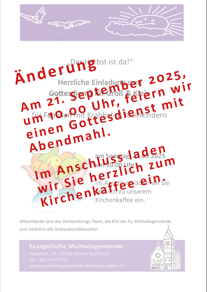 Das Plakat weist auf die Änderung der Gottesdienstform am 21.9.2025 hin.