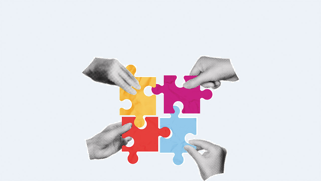 Grafik: Vier Hände legen vier Puzzleteile zusammen