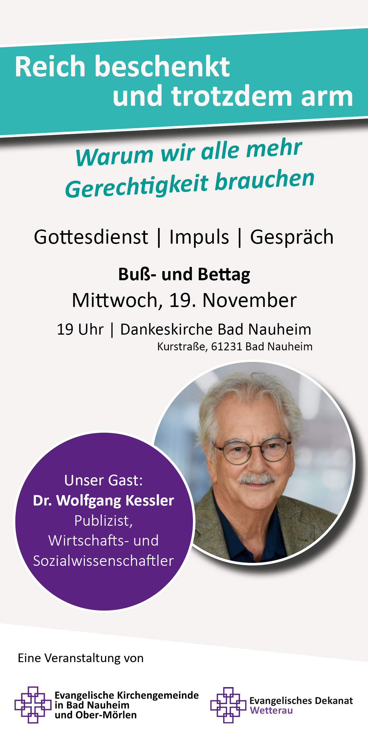 Flyer zum Buß- und Bettag 2025, Veranstaltung in Bad Nauheim mit Dr. Wolfgang Kessler