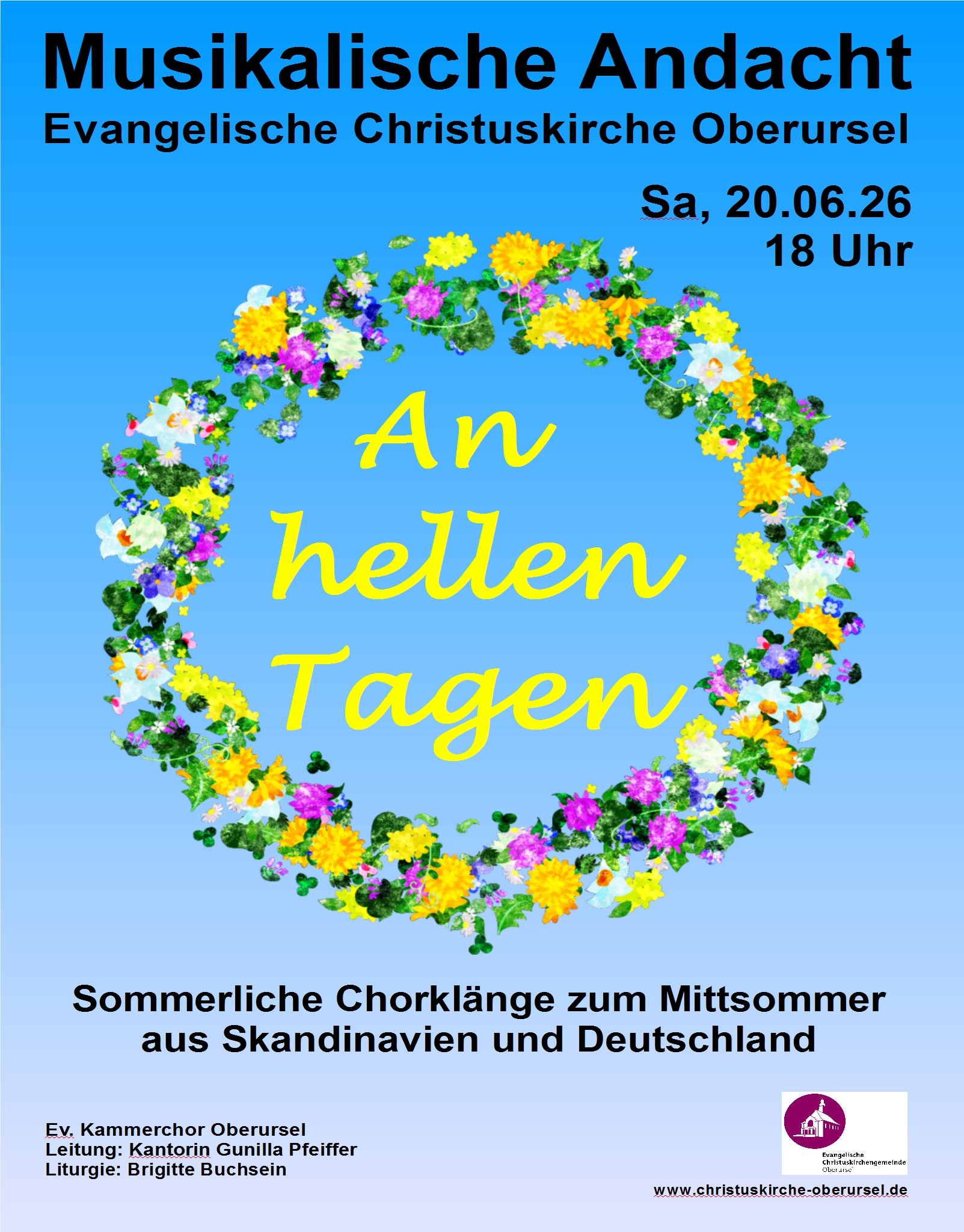 Plakat mit Daten zur Veranstaltung mit einem Midsommar-Kranz vor blauem Himmele