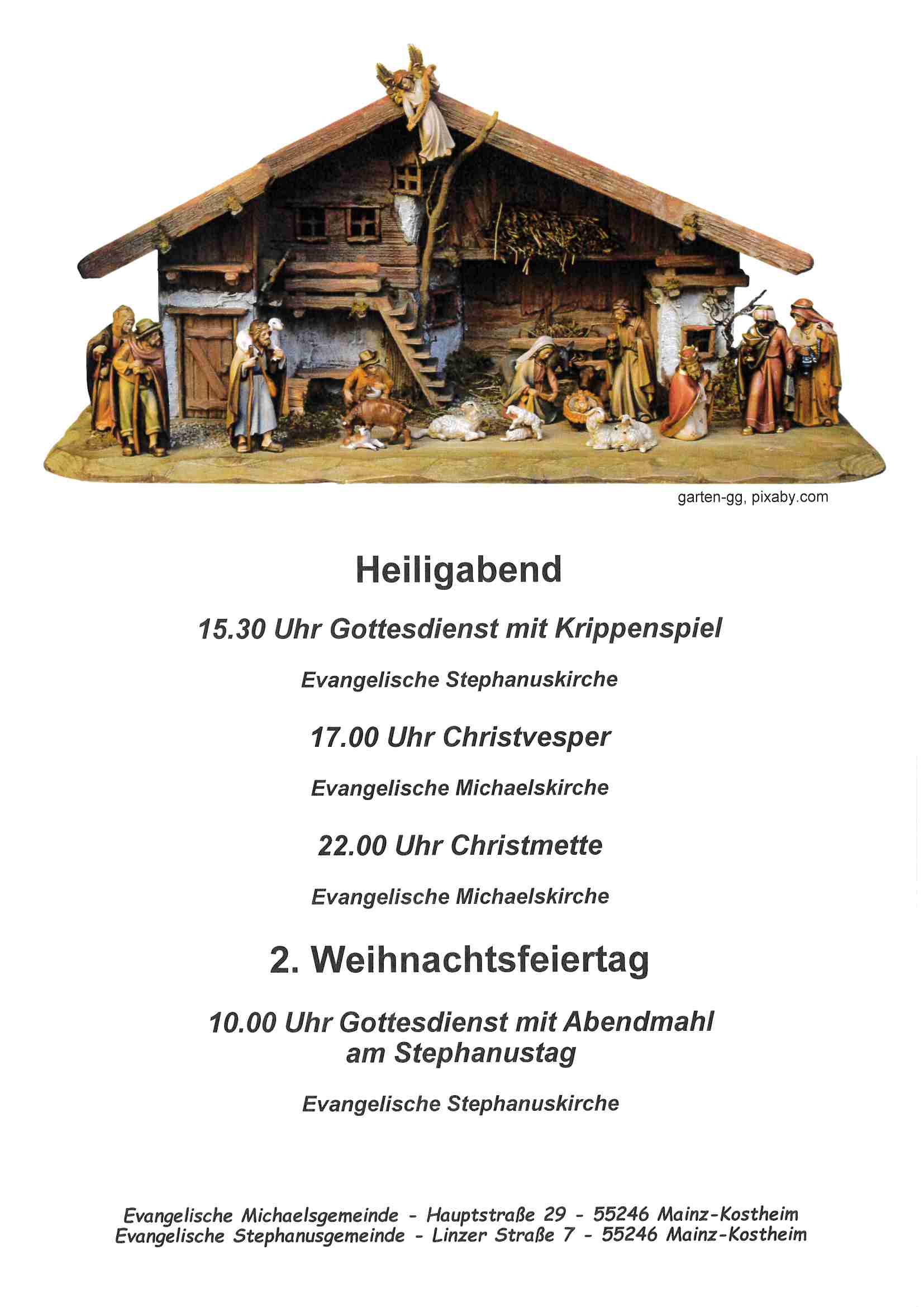 Das Bild einer Krippe steht über den Terminen der Gottesdienste an den Weihnachtsfeiertagen 2025.