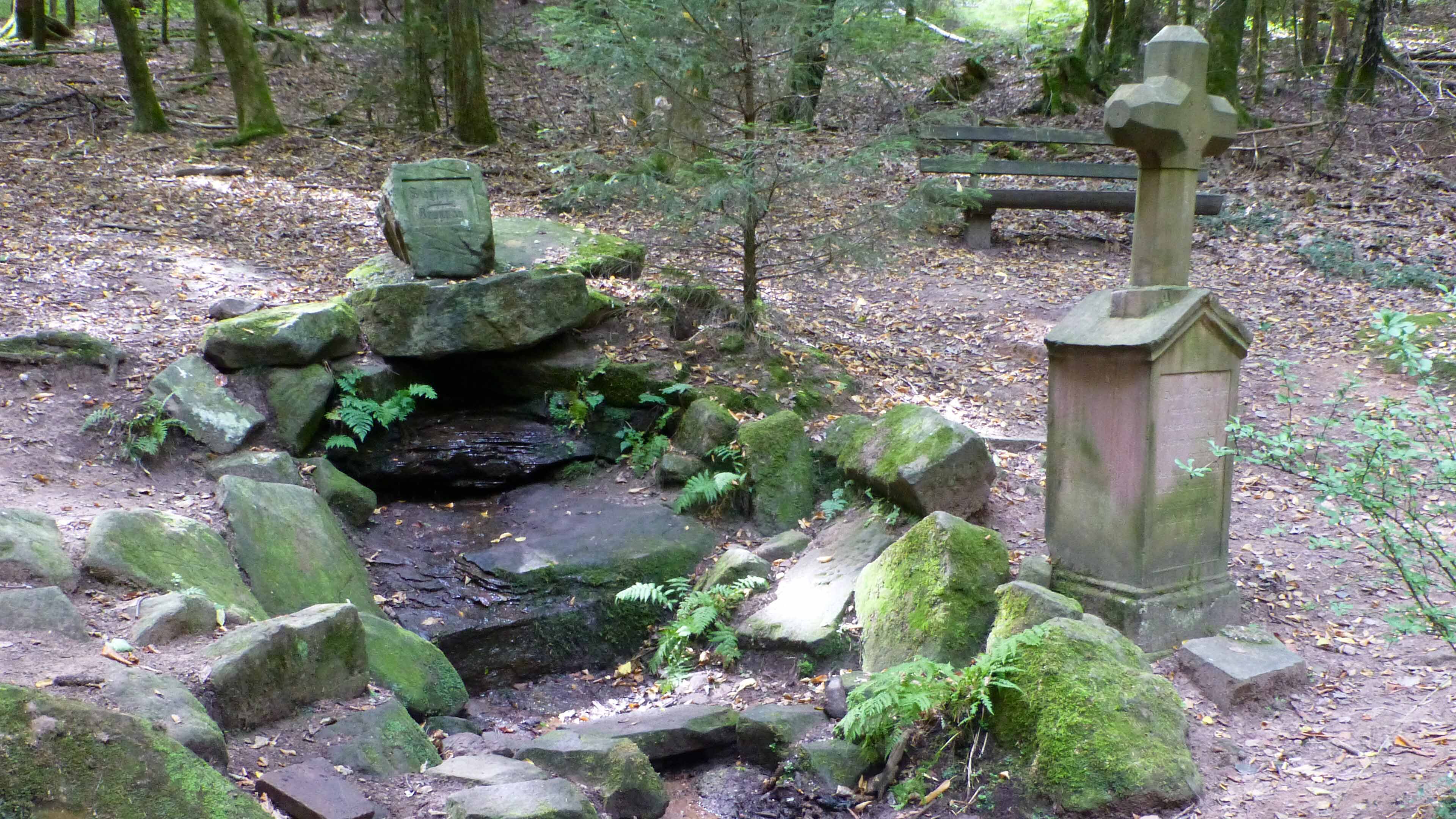 Siegfriedbrunnen_Gras-Ellenbach_C_Muck50_commons.wikimedia.org_16zu9.jpg Moosbewachsene Steine umgeben eine kleine Quelle im Wald; rechts steht ein steinernes Denkmal mit Kreuz, im Hintergrund eine Holzbank.