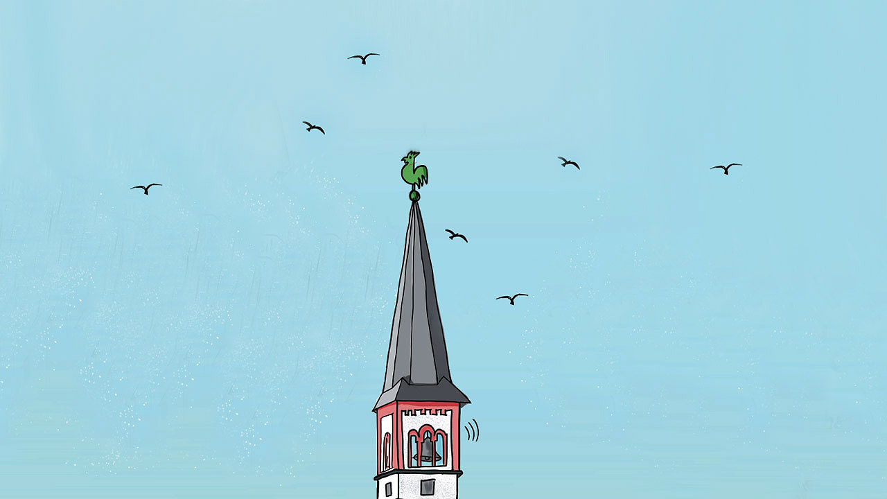 Zeichnung eines Kirchturmes mit Himmel und Vögeln