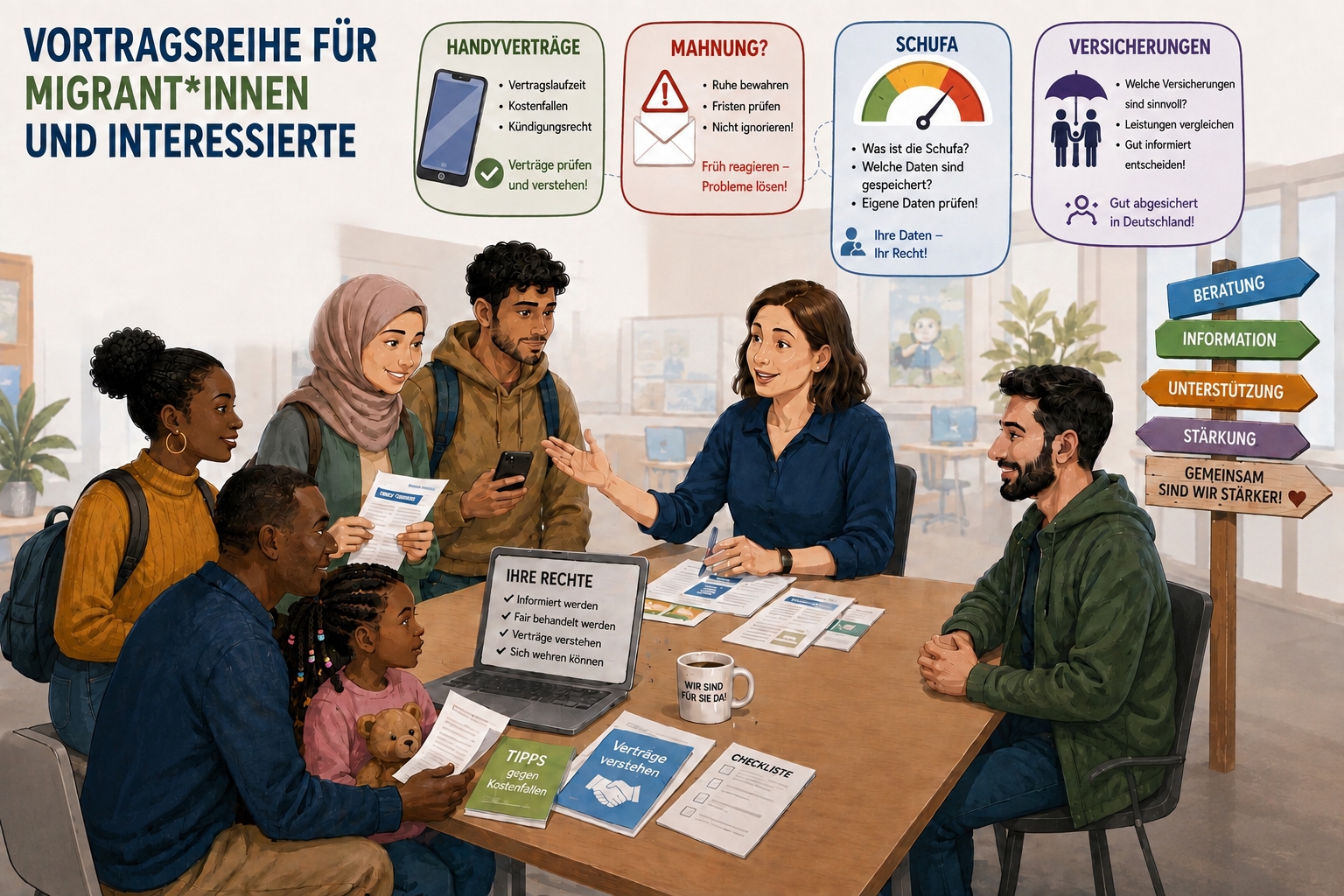 Auf der Illustration ist eine Gruppe Geflüchteter zu sehen, die mit einer Referentin am Tisch sitzen. Dazu sind beispielhafte Themen in Kästen aufgelistet wie: Handyverträge, Mahnungen, Schufa, Versicherungen