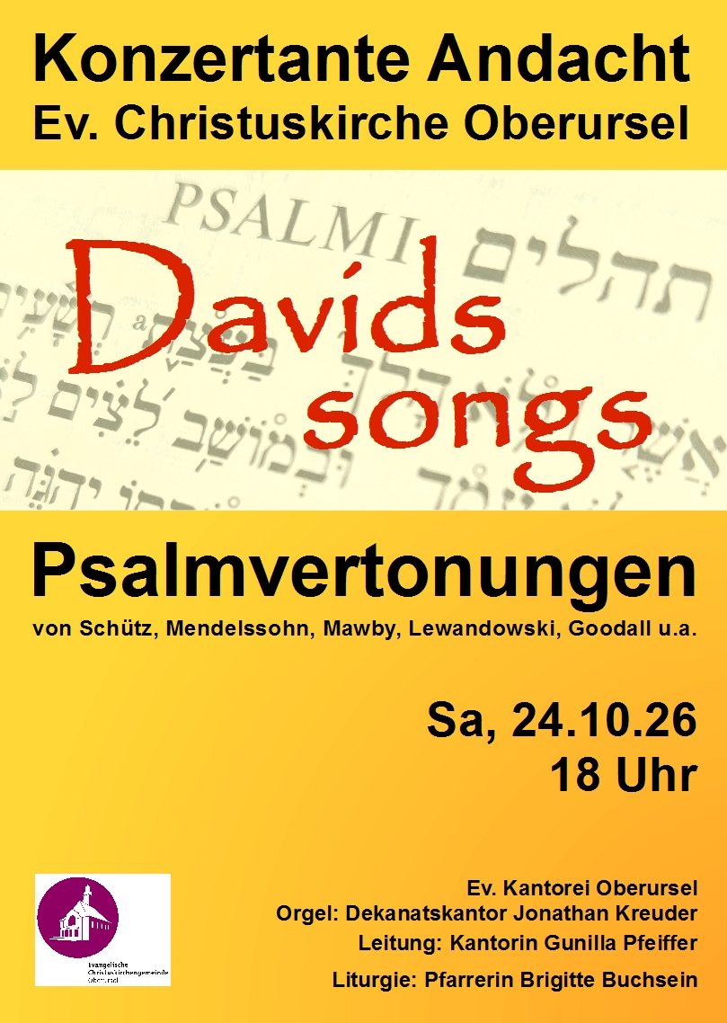 Plakat für die Konzertante Andacht "Davids songs". Auf gelbem Hintergrund sind hebräische Buchstaben und das Wort Psalm zu lesen.