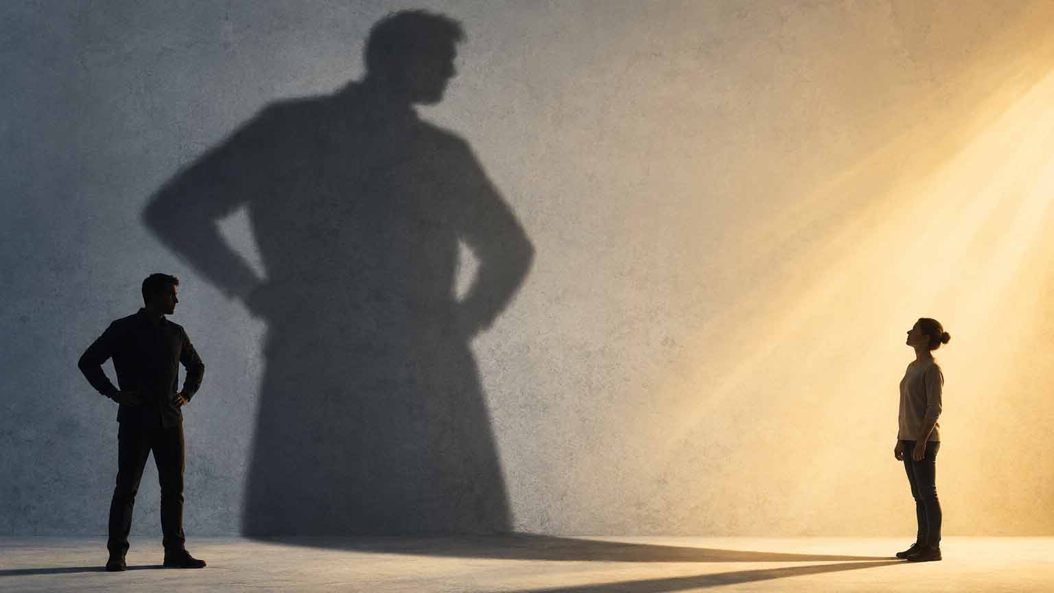 Macht_C_KI_ChatGPT-Image_16zu9.jpg Ein Mann und eine Frau stehen sich gegenüber. Hinter dem Mann wirft Licht einen übergroßen Schatten seiner Silhouette an die Wand.
