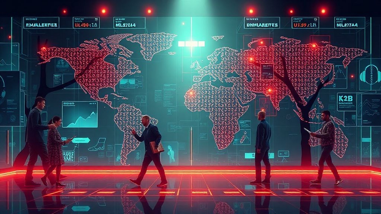 Mehrere Personen stehen und gehen in einem modernen, futuristischen Raum mit einer großen digitalen Weltkarte an der Wand. Die Karte leuchtet in Rot und zeigt Datenmuster, Diagramme und geografische Informationen. Im Vordergrund diskutieren und arbeiten Menschen mit Tablets und Dokumenten. Der Raum ist in blau-rotes Licht getaucht und vermittelt den Eindruck eines technologischen Kontrollzentrums oder Datenanalyse-Labors.