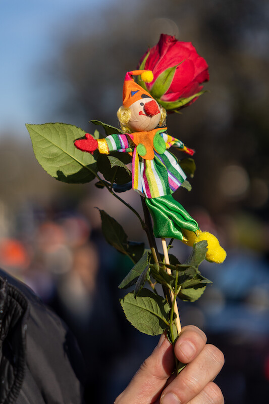 Rote Rose mit einer kleinen Narrenpuppe