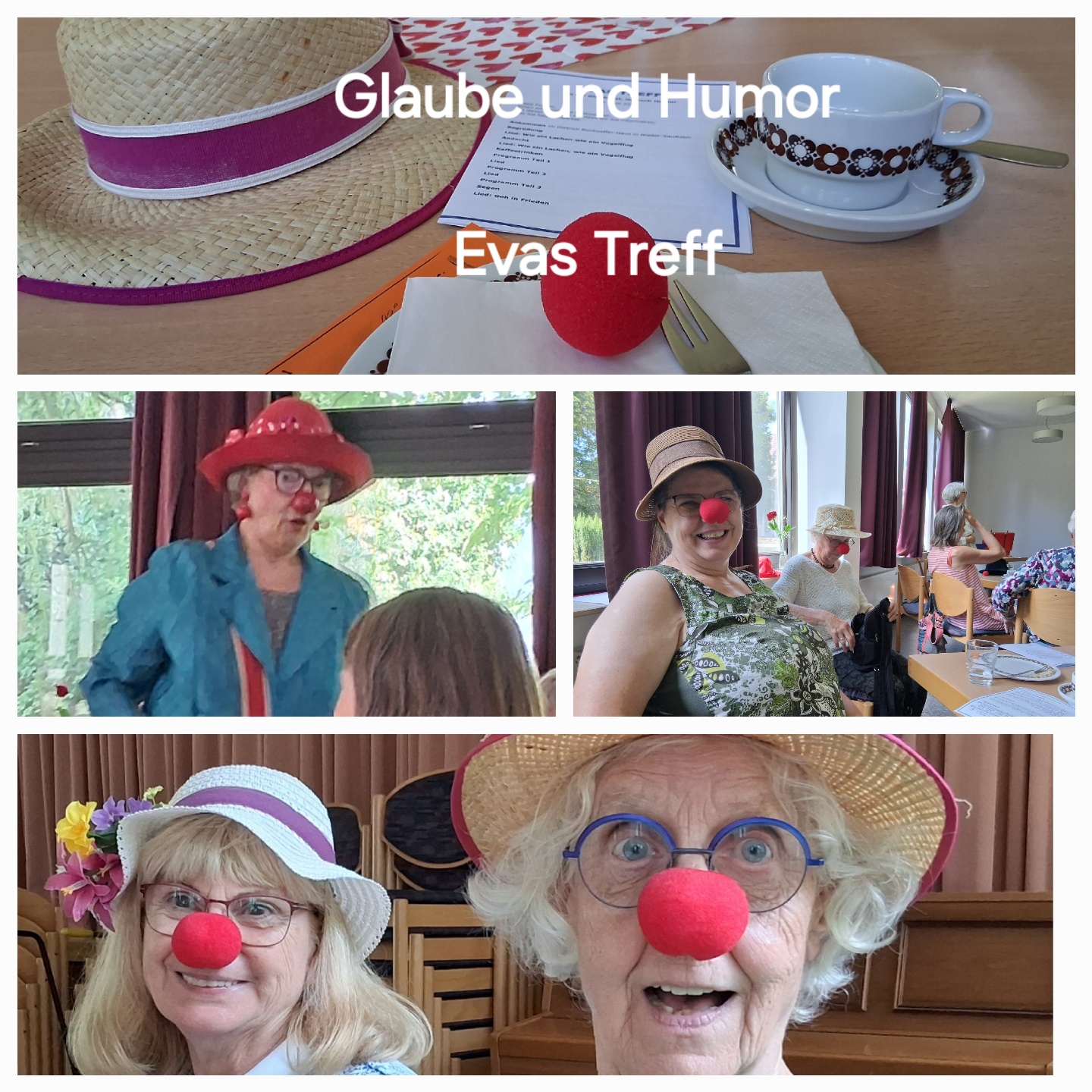 Bildcollage aus vier Fotos. Erstes Bild: Hüte liegen auf einem Tisch. Zweites und drittes Bild: Frauen tragen eine rote Clownsnase. Viertes Bild: Zwei Frauen schauen amüsiert mit roter Clownsnase in die Kamera.