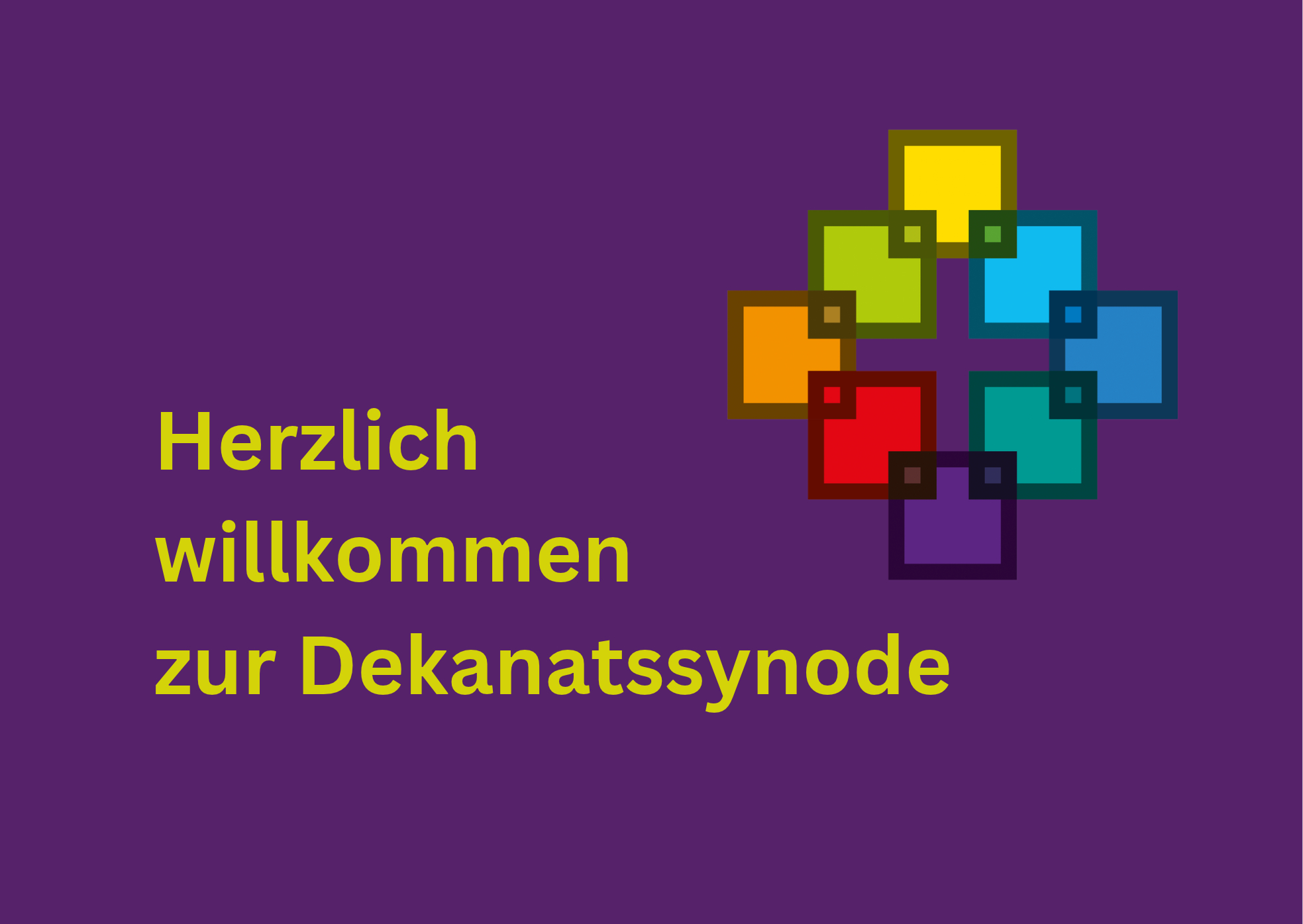 buntes Facettenkreuz auf lila Grund mit dem Schriftzug "Herzlichen willkommen zur Dekanatssynode"