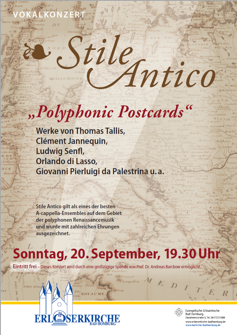 Plakat in beige mit dem Schriftzug "Stile Antico" und den Details zum Konzert