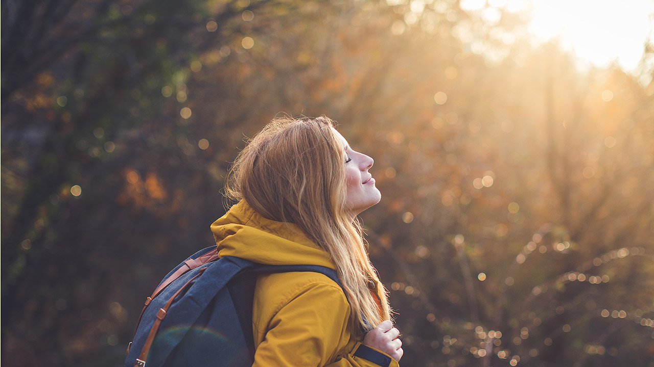 Pilgern im Herbst Eine Frau blickt in einer herbstlichen Umgebung Richtung Sonne