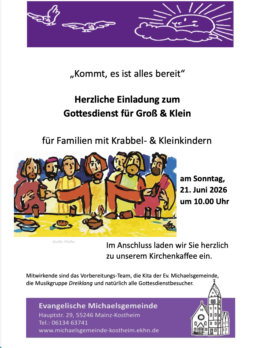 Einladungsplakat zum Gottesdienst für Groß & Klein am 21. Juni 2026